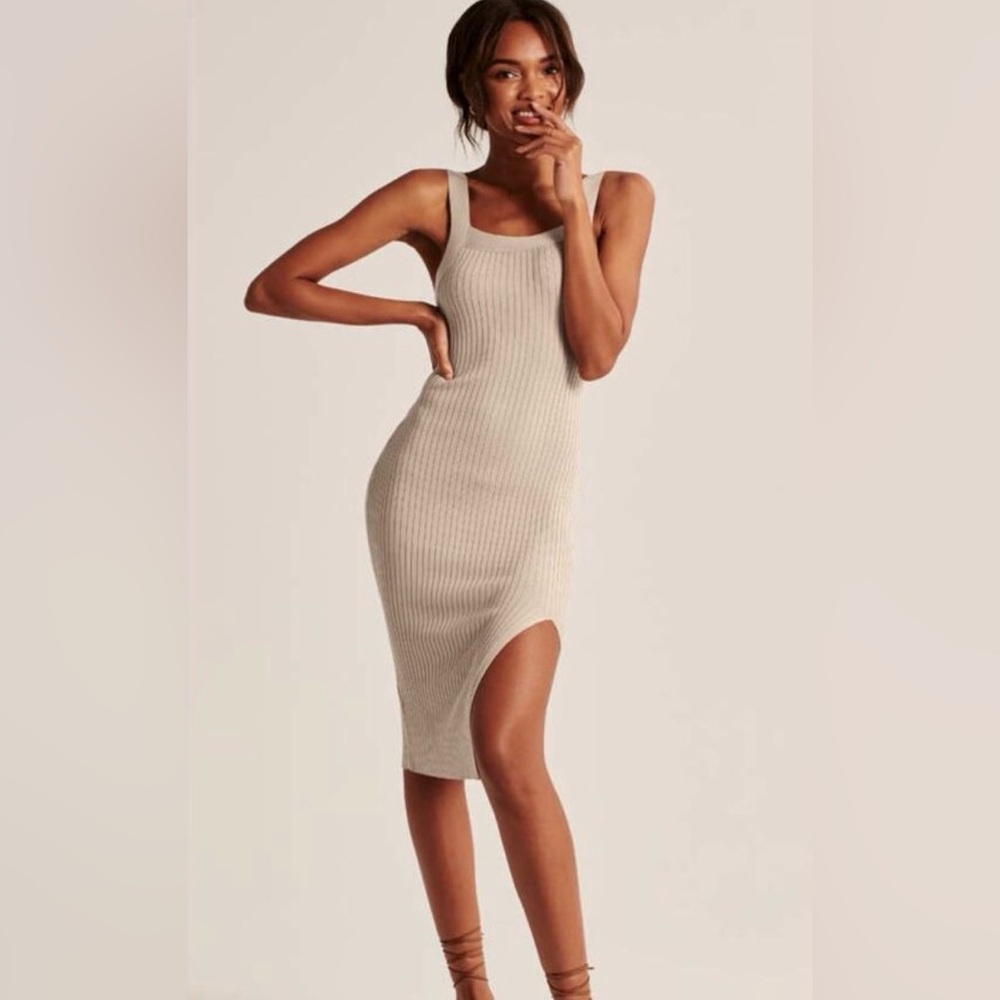 Abercrombie & Fitch Tan Ribbed Midi Dress
